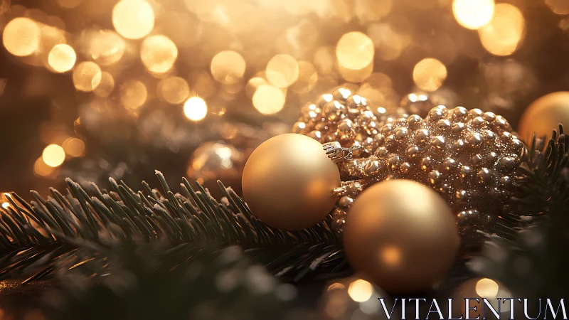Gilded baubles resting in candlelit evergreen bokeh hush.