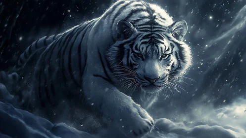 Snowlit white tiger advances through blizzard with cinematic focus