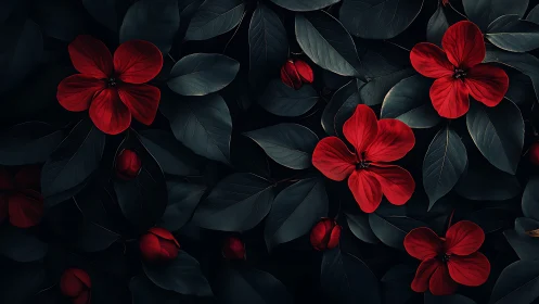 Red flowers with dark foliage in low-light botanical composition.
