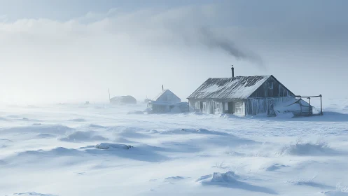 Snowbound cabin exhaling smoke into pale arctic silence.