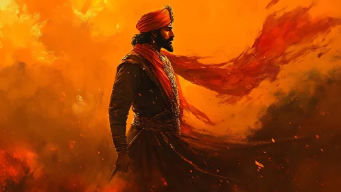 Ember-robed warrior strides through a roaring saffron storm