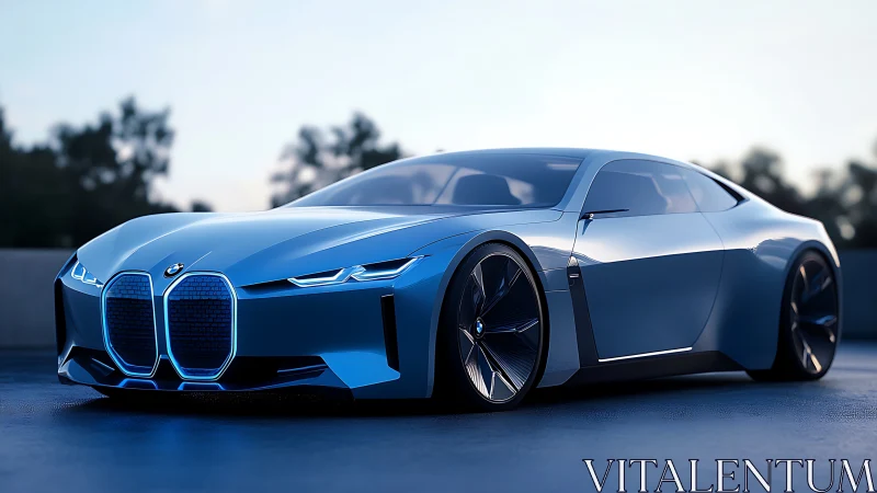 Futuristic blue BMW concept coupe with illuminated grille.