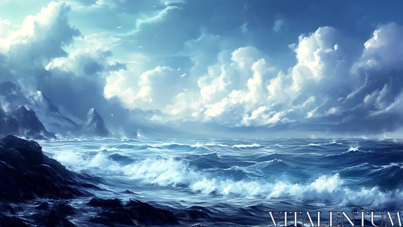 Digital seascape depicts turbulent waves under dense clouds