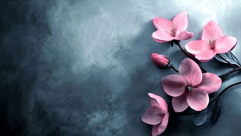 Pink orchid specimens displaying detailed petal morphology against muted blue-gray background with s