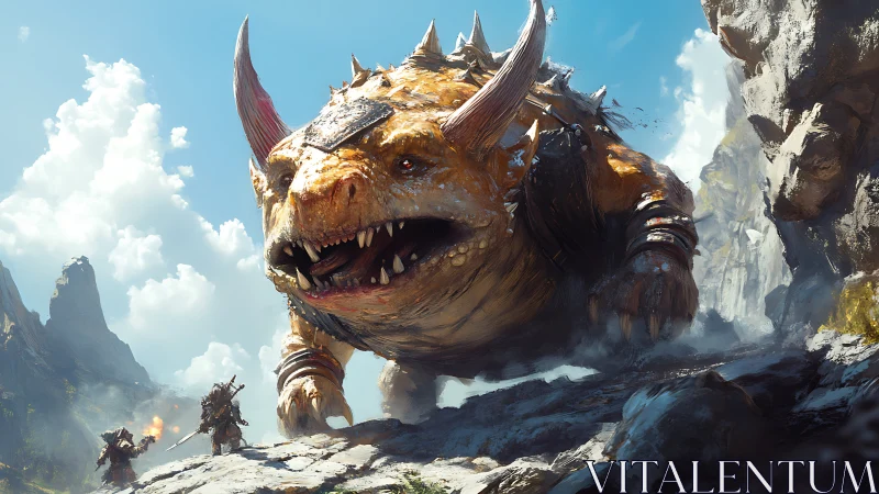 Giant horned monster confronts armed warriors in rocky pass.