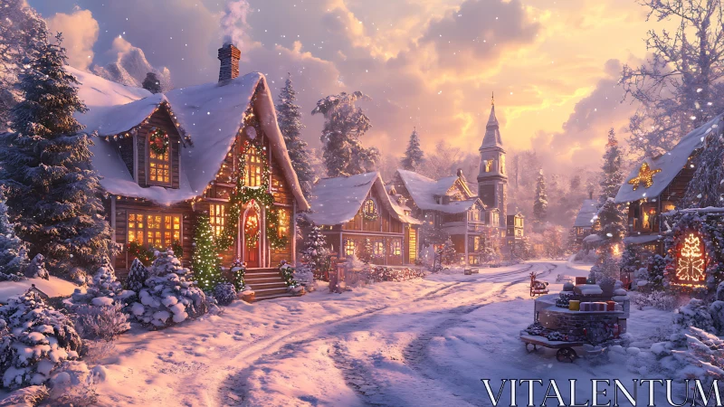 Snow-covered village street glows with dense warm festive lighting