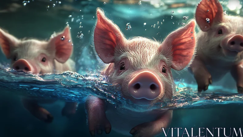 Swimming piglets slice turquoise water in playful motion.