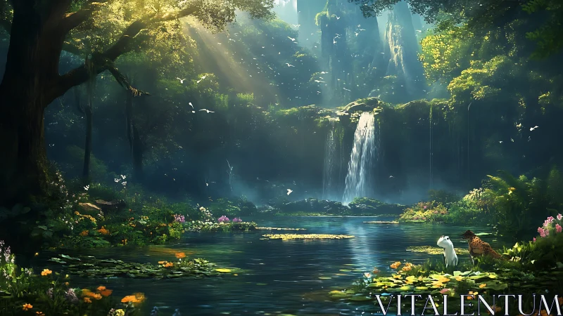 Luminous Waterfall Eden: Where Sunbeams Kiss the Sacred Grove.