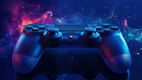 Starlit game controller drifting through neon cosmic sparks.