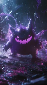 Purple ghost creature in glowing rain soaked alley scene.