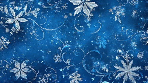Frosted floral swirls on deep blue winter background.
