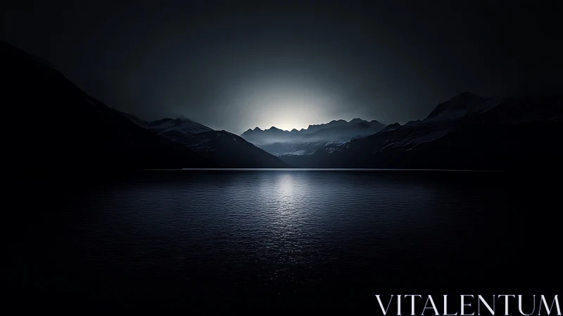 Dark mountain lake under faint backlit horizon glow.