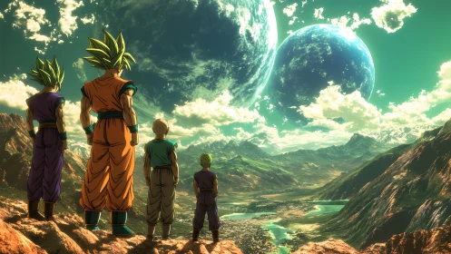 Saiyan warriors gaze toward twin planets over vast valley