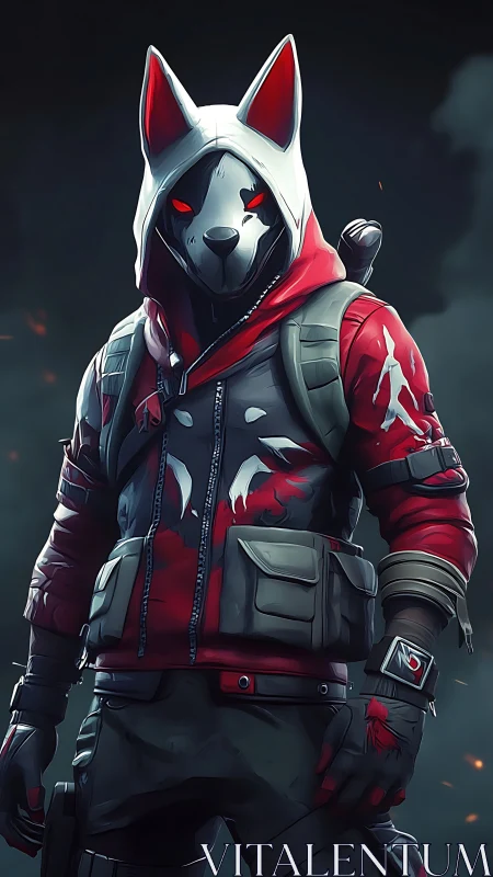 Hooded cyber fox assassin under smoky night sky.