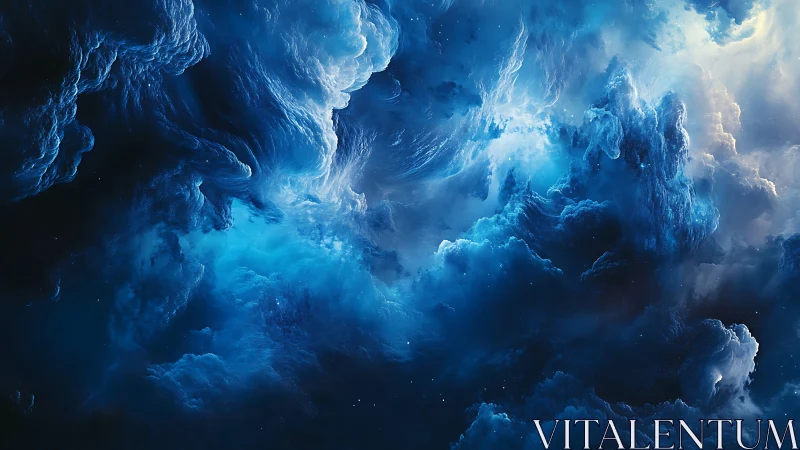 Deep blue cosmic clouds forming luminous abstract nebula.
