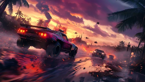 Muscle cars traverse wet coastal roadway under aircraft