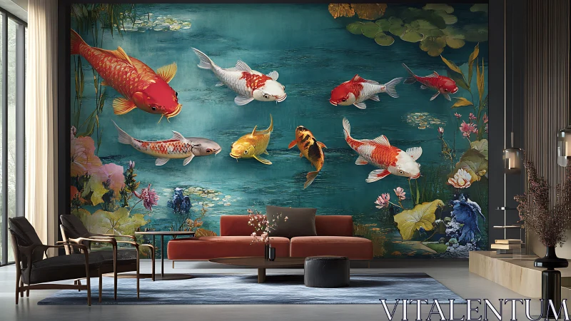 Colorful koi mural bringing serene pond magic indoors.