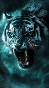 Neon spectral tiger roars through swirling cyan mist.