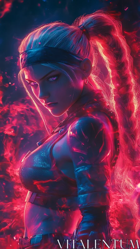 Fierce neon warrior turns in glowing pink and blue flames
