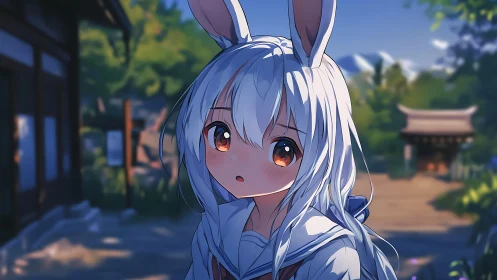 Soft-eyed bunny girl pauses in a tranquil shrine path.