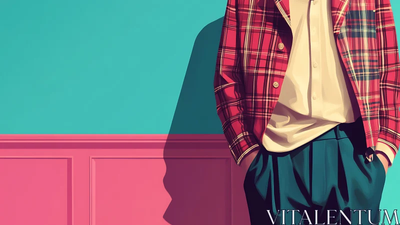 Bold plaid blazer cuts a sharp silhouette against color block wall