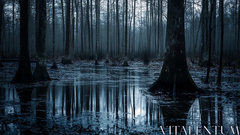 Moonlit cypress swamp reflects ghostly winter forest shadows.