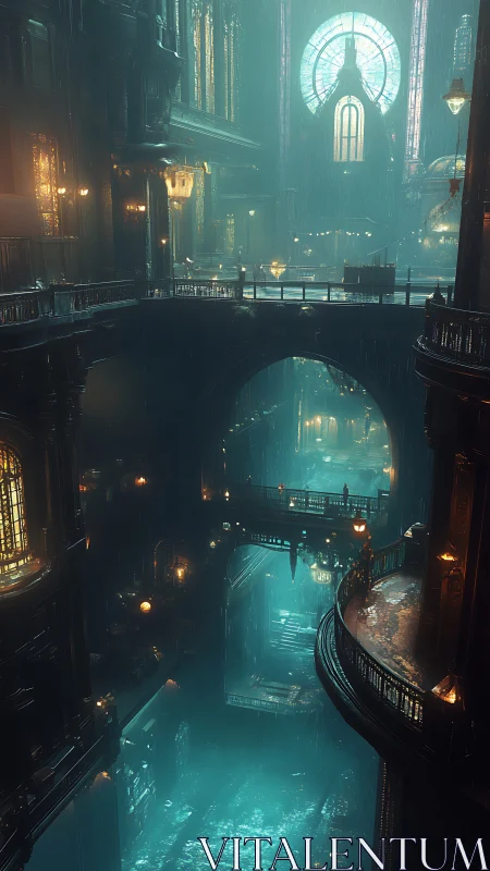 Multi-level flooded interior with stained glass window.