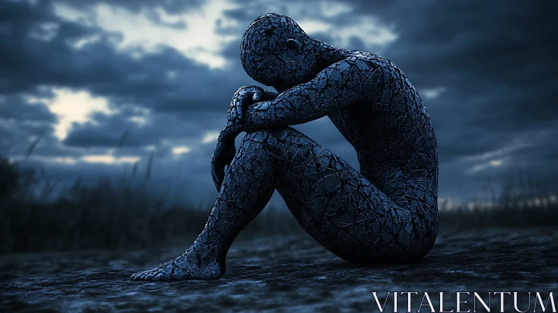 Quiet dusk figure woven from fragile blue fragments.