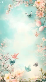 Spring blossoms, butterflies and eggs frame a blue sky background