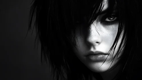 Moody monochrome portrait with soft, searching eyes.