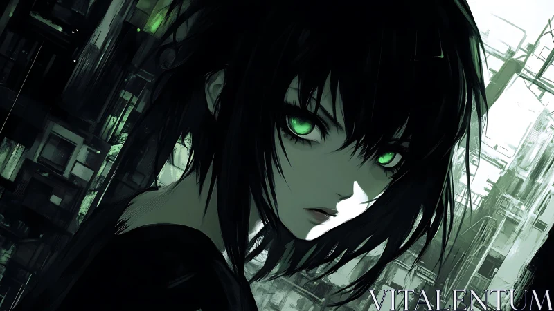 Monochrome anime portrait shows figure with green eyes