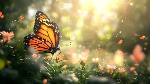 Monarch butterfly illuminated in backlit floral bokeh environment