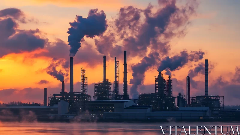 Industrial refinery skyline with heavy smoke at sunset.