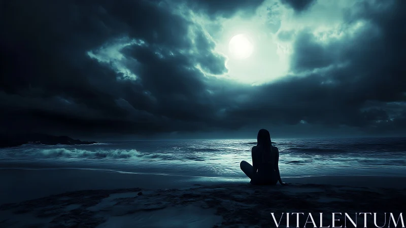 Moonlit loner listening to storm-tossed midnight tides.