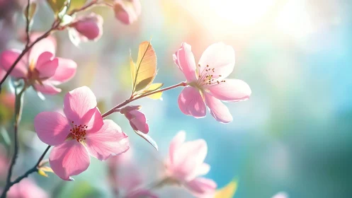 Delicate Pink Blossoms Bloom Against Soft Sky.