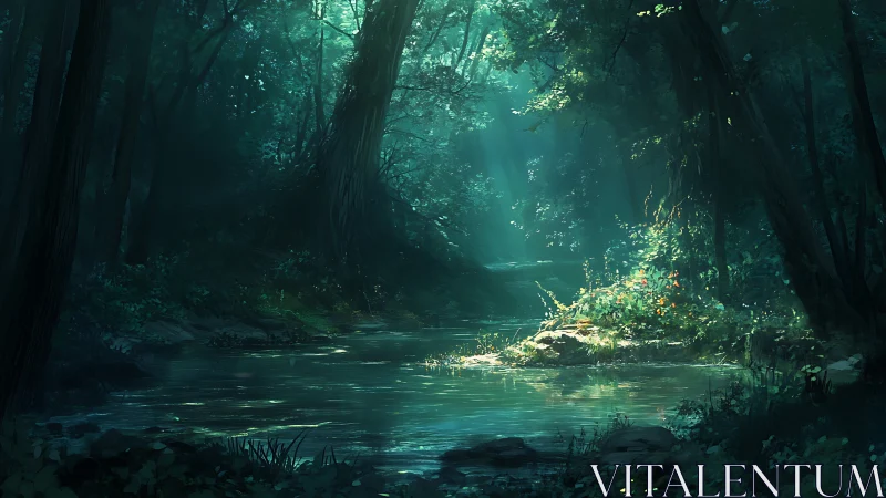 Forest stream with cathedral canopy and filtered light