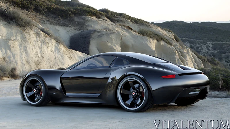 Sleek black supercar rests on sandy coastal bluff road