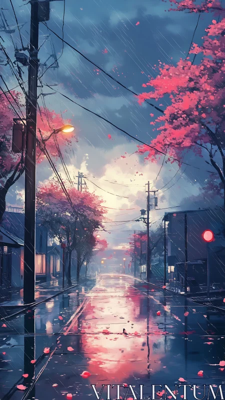 Quiet rainy street with cherry blossoms and reflections.