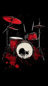 Percussive skull motif on splatter-stained red drum kit.