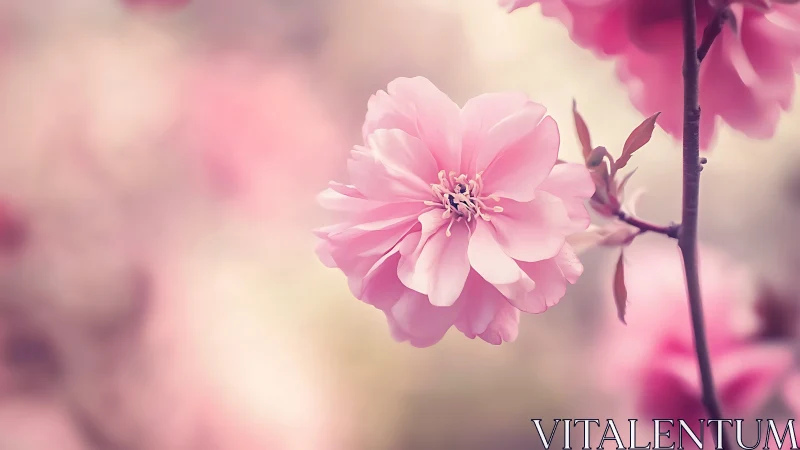 Pink peony bloom. Soft focus petals against warm, blurred garden.