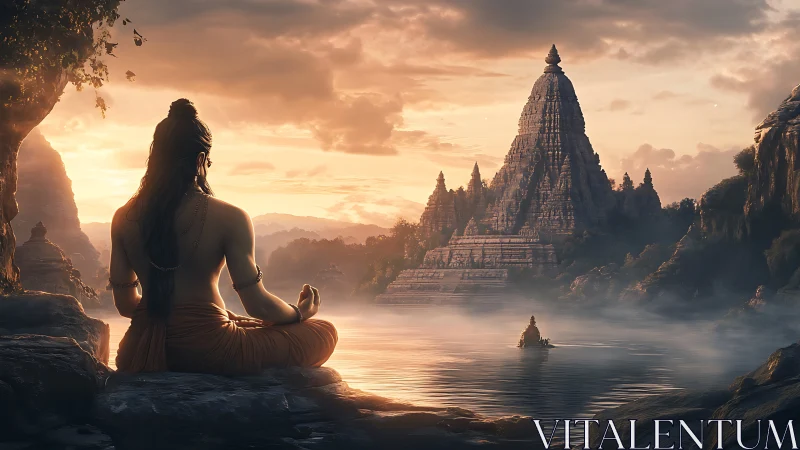 Meditating ascetic observes riverside temple in volumetric dawn lighting
