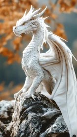 Majestic white dragon stands proudly on rugged cliffside rock.