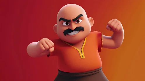 Bald cartoon fighter with mustache on warm gradient background