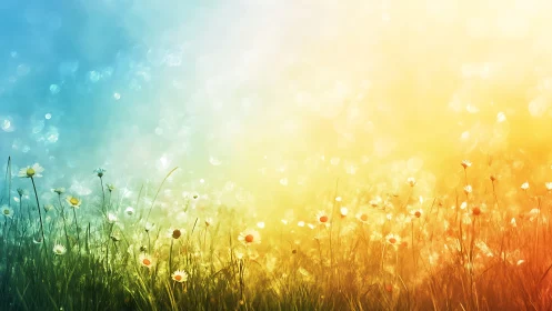 Daisy whispers beneath a sunrise rainbow haze field.