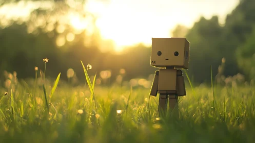 Little cardboard robot wandering through golden sunset grass.
