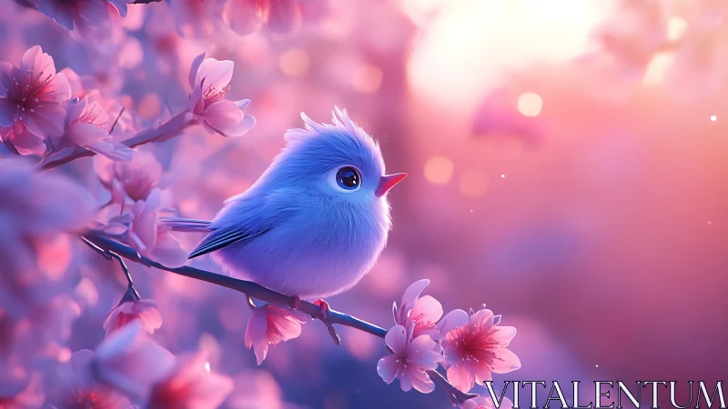 Blue bird perched on flowering branch against pink gradient