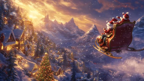 Santa’s sleigh glides above illuminated alpine village at golden dusk