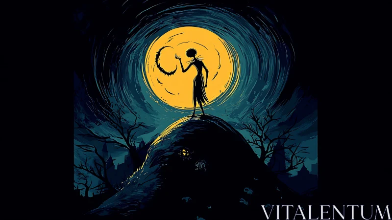 Silhouetted figure on hill against large yellow moon at night.