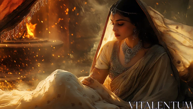 Seated woman in embroidered attire near controlled open flame