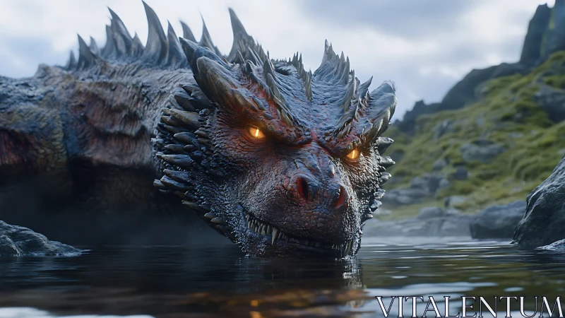 Hyperrealistic riverbank dragon close-up with glowing eyes